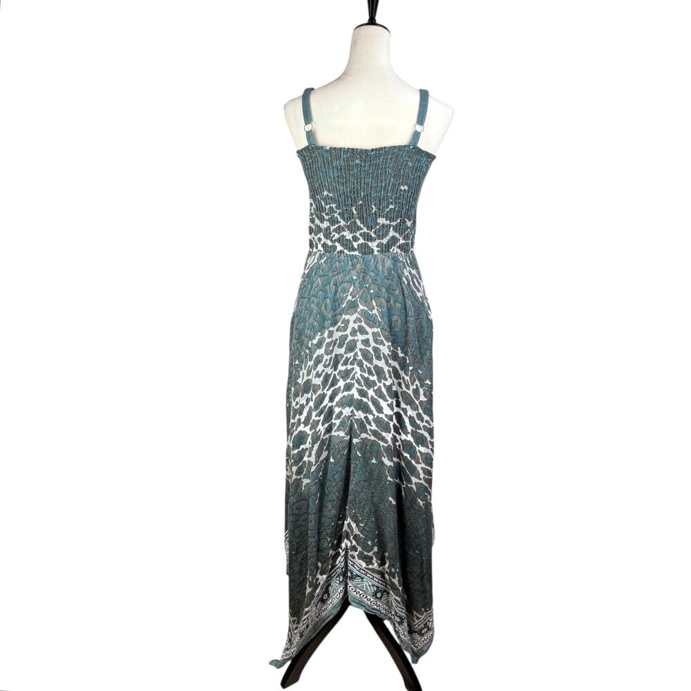 Soft Surroundings TALL Gray Teal Leopard Smocked Cotton Handkerchief Midi Dress - Picture 4 of 12